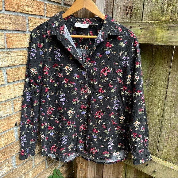 Lemon Grass Tops - Vintage Corduroy Floral Black Button Down Shirt